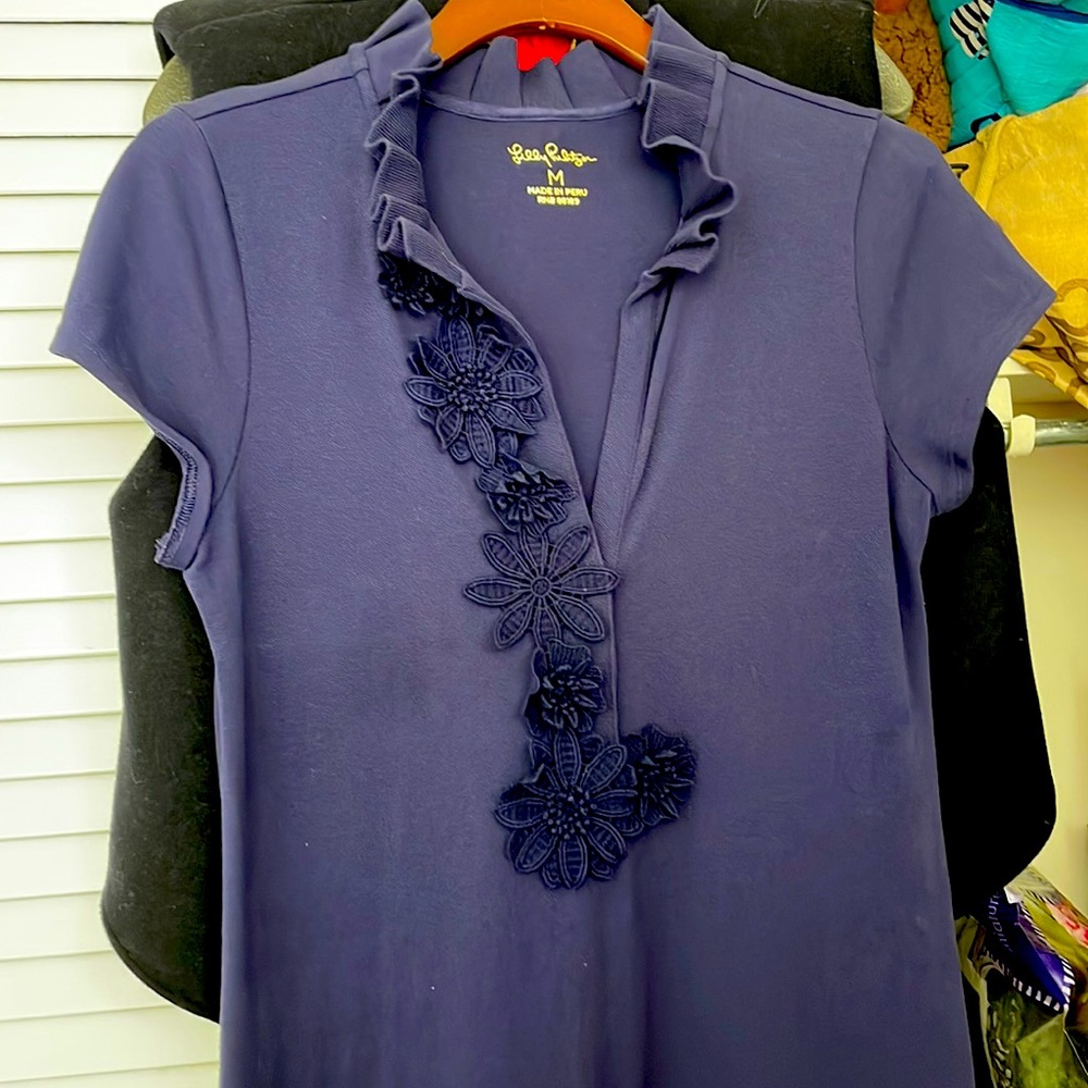 Lily Pulitzer navy blue w/navy accent flowers @lapel polo style dress szM